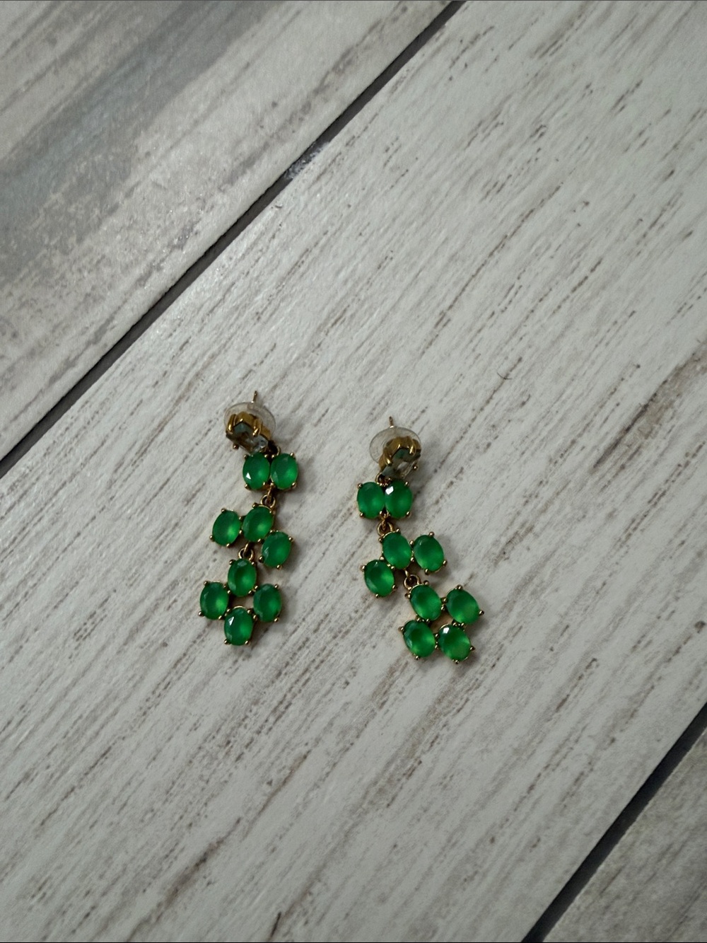 Green Gemstone Drop Earrings - Gold Tone
